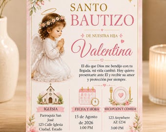 Girl Baptism Invitation Template, Editable Canva Bautizo Invitation, Invitación de Bautizo para Niña, Digital Download