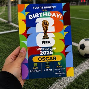 May include: A colorful birthday invitation with a soccer theme. The invitation includes the text "YOU'RE INVITED! TO MY BIRTHDAY!" and "FIFA WORLD CUP 2026 OSCAR". The date is June 14, 2026, and the time is 4:00 PM. The place is 1234 Anywhere St., Anytown, CA 123.