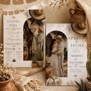 May include: Two rectangular wedding stationery cards with cream backgrounds and arched photo cutouts. The left card features text including NUESTRA BODA, Daniela & Alejandro, and September 17, 2026. The right card features APARTA LA FECHA, Marisol and Alejandro, and 06.27.2026.