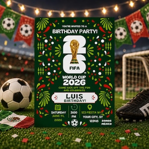 May include: A green birthday party invitation with the text "You're Invited to a Birthday Party!" and "World Cup 2026". The invitation includes a gold trophy, soccer ball graphics, and event details. A soccer ball and a Mexican flag are in the background.