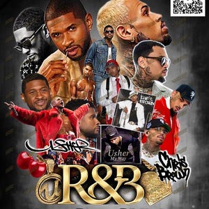 May include: A digital collage featuring multiple images of R&B artists Usher and Chris Brown. The design includes the text "R&B" and "Next Level Vision" in gold, along with album art and a QR code.
