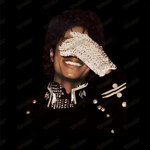 May include: A portrait of a smiling person wearing a black jacket with silver embellishments and a white sequined glove covering part of their face. The background is black with a repeating logo.