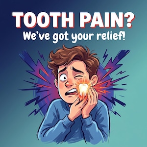 Puede incluir: Ilustración de una persona con dolor de muelas, agarrándose la mejilla. La imagen presenta el texto "TOOTH PAIN? We've got your relief!" en blanco y rojo sobre un fondo azul y turquesa. El diente dolorido está resaltado.