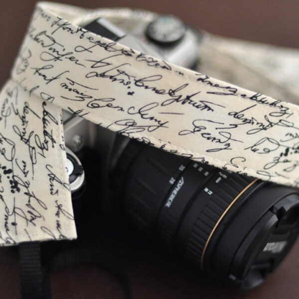 Camera Strap - Old Script - Cream White and Black Camera Strap