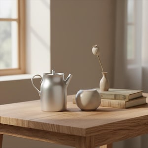 Könnte beinhalten: Eine silberne Teekanne mit gebogenem Griff und Ausguss steht auf einem Holztisch. Daneben befindet sich eine kleine, runde, beige Keramikschale. Eine kleine Vase mit einer getrockneten Blume und zwei Büchern stehen ebenfalls auf dem Tisch.