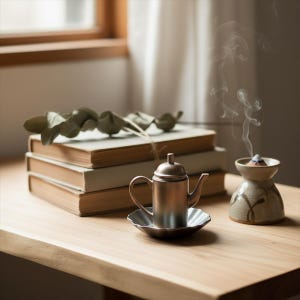 Op de afbeelding: Een kleine, koperkleurige theepot met bijpassende schotel staat op een houten tafel naast een stapel boeken en een keramische wierookbrander. Er stijgt rook op uit de brander, wat een serene sfeer creëert.