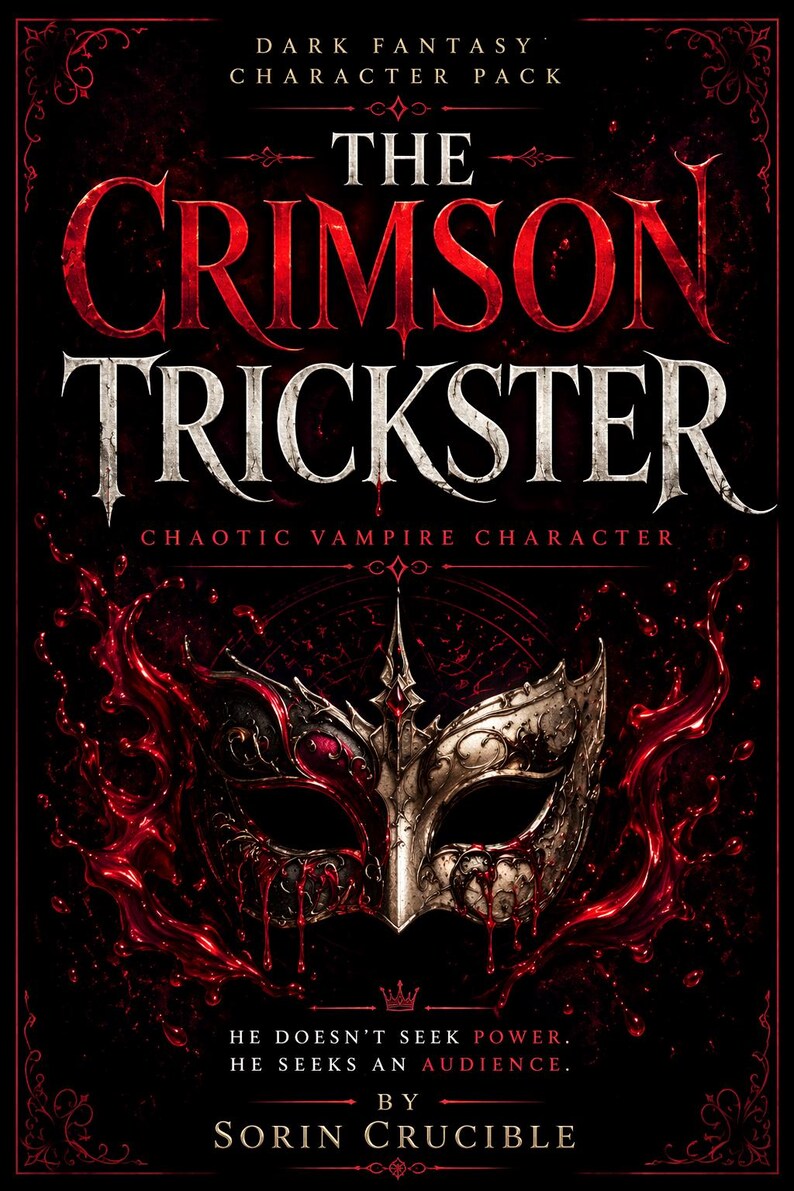 May include: Book cover for "The Crimson Trickster," a dark fantasy character pack. The title is in red, with a silver mask and blood-like imagery. The author's name is Sorin Crucible.