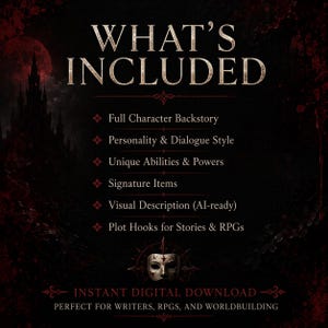 May include: Dark, gothic-themed graphic with the text "WHAT'S INCLUDED" in a stylized font. The image lists features like character backstory, abilities, and plot hooks. Includes "INSTANT DIGITAL DOWNLOAD" and is aimed at writers and RPGs.