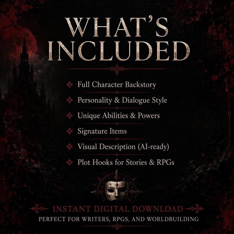 May include: Dark, gothic-themed graphic with the text "WHAT'S INCLUDED" in a stylized font. The image lists features like character backstory, abilities, and plot hooks. Includes "INSTANT DIGITAL DOWNLOAD" and is aimed at writers and RPGs.