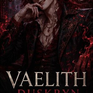 May include: Digital art of a character with long red hair and red eyes, wearing a dark suit with ornate detailing. The image includes the text "VAELITH DUSKRYN THE BLOOD PRINCE OF CHAOS" and is a character pack for writers and RPGs.