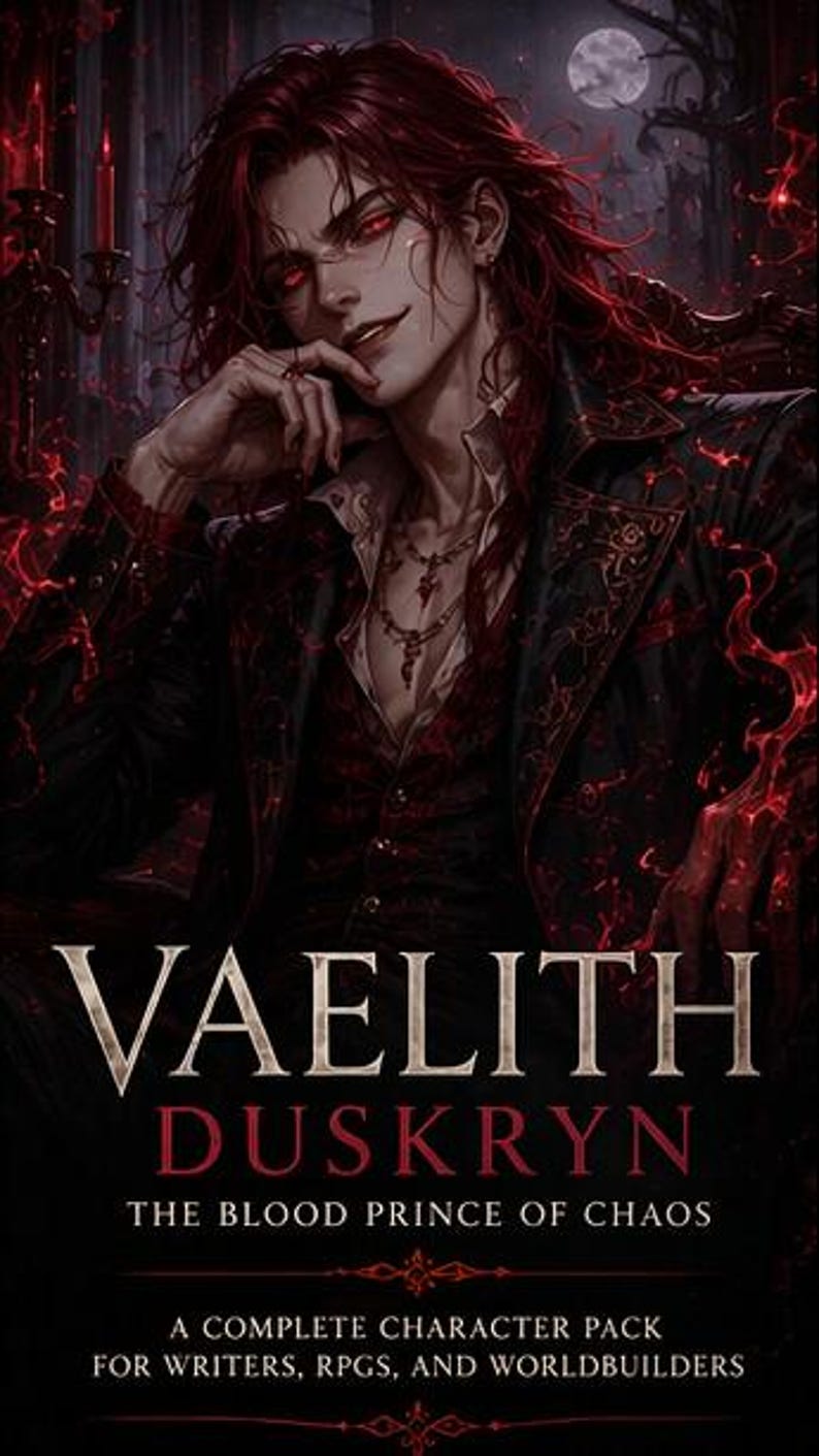 May include: Digital art of a character with long red hair and red eyes, wearing a dark suit with ornate detailing. The image includes the text "VAELITH DUSKRYN THE BLOOD PRINCE OF CHAOS" and is a character pack for writers and RPGs.