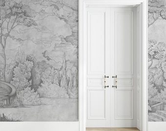 Tree Forest Peel and Stick Wallpaper Mural | Grey landscape Removable Wallpaper