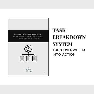 Puede incluir: Gráfico con el texto "LUCID TASK BREAKDOWN" y "TASK BREAKDOWN SYSTEM". La imagen incluye un diagrama de un engranaje y tres listas, con el lema "TURN OVERWHELMING TASKS INTO CLEAR ACTION" y "TURN OVERWHELM INTO ACTION".