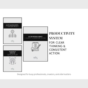 May include: Three book covers with black text and graphics are displayed against a white background. The text reads "Lucid Task Breakdowns", "Lucid Weekly Reset", and "Lucid Focus Sprint Kit". The words "Productivity System" are also displayed.