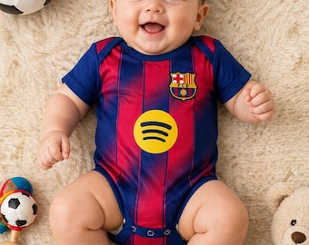 Anpassningsbar Barcelona-inspirerad fotbollströja för baby, fotbollsoutfit för spädbarn
