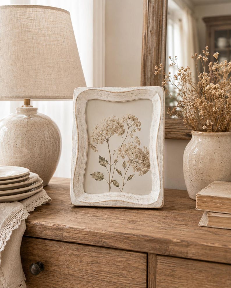 May include: A rectangular picture frame with a distressed white finish and a wavy, scalloped edge. The frame contains a botanical print featuring a delicate illustration of white hydrangea flowers with green leaves on a light cream background.