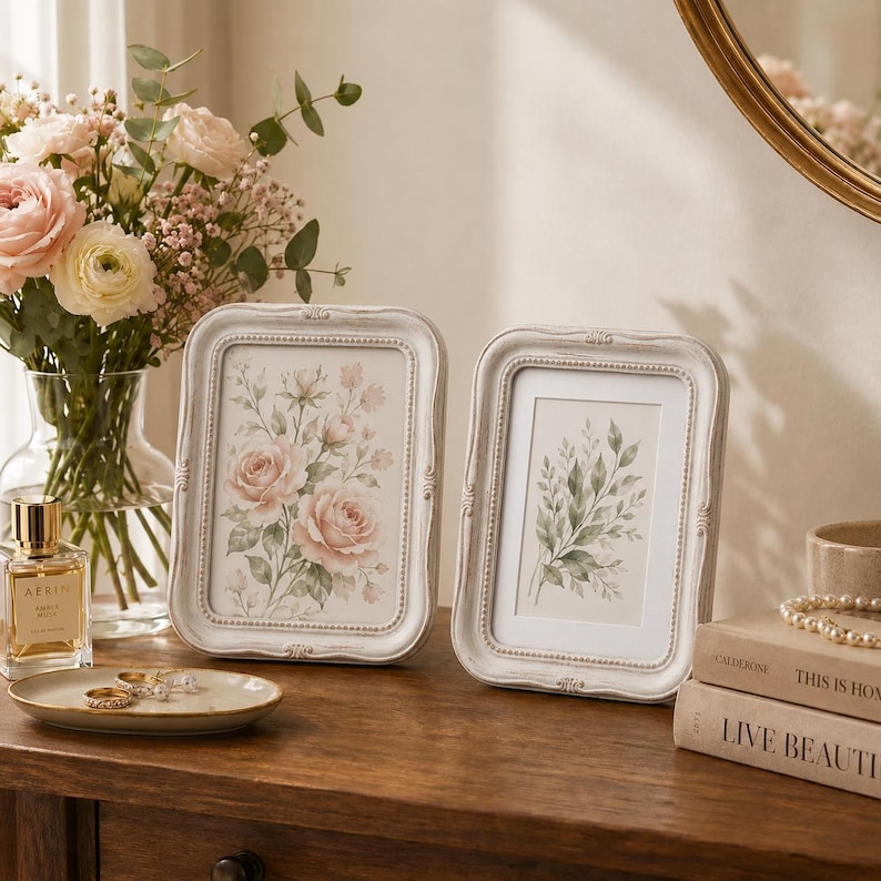 Vintage witte fotolijst 5x7 inch, sierlijke fotolijst met verweerde look, Franse cottage tafellijst, optionele passe-partout voor foto's van 4x6 inch, cadeau voor haar afbeelding 4