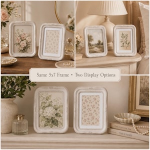 Op de afbeelding: Een set off-white rechthoekige fotolijsten met kralenranden en een verweerde afwerking. De lijsten zijn ontworpen voor foto's van 13x18 cm en bieden twee weergaveopties, getoond met diverse bloemen- en botanische kunstprints op een tafel.
