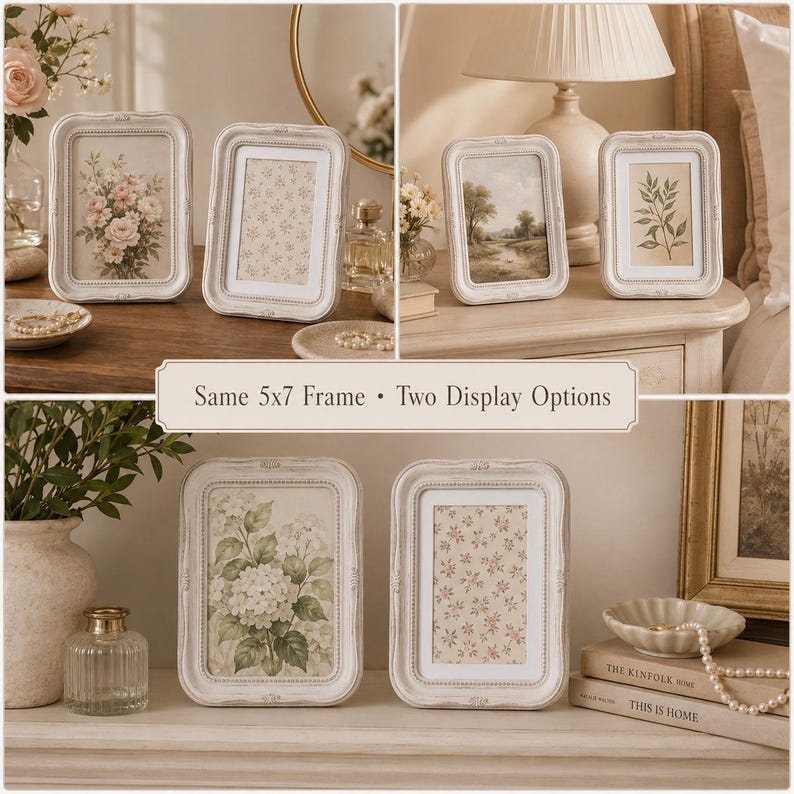 Op de afbeelding: Een set off-white rechthoekige fotolijsten met kralenranden en een verweerde afwerking. De lijsten zijn ontworpen voor foto's van 13x18 cm en bieden twee weergaveopties, getoond met diverse bloemen- en botanische kunstprints op een tafel.