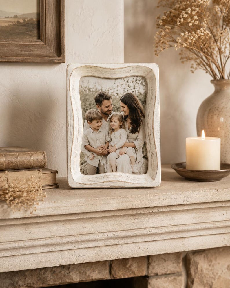 May include: A rectangular picture frame with a distressed white finish and a wavy, scalloped edge design. The frame holds a photograph of a family of four, including two adults and two children, all dressed in neutral-toned clothing outdoors.