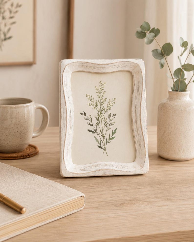 May include: A rectangular picture frame with a distressed white finish and a wavy, scalloped edge design. The frame contains a print of a green botanical illustration featuring delicate leaves and stems on a cream-colored background.