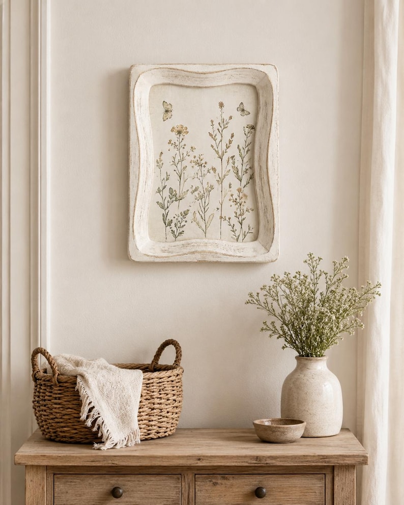May include: A rectangular wall art piece with a distressed white wooden frame featuring a botanical illustration of wildflowers and two butterflies on a cream background. The artwork is displayed vertically with a scalloped edge frame design.