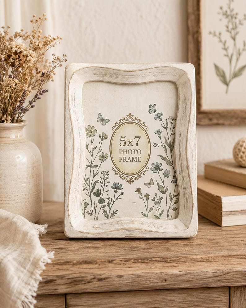 May include: A rectangular photo frame with a distressed white finish and curved edges. The insert features a central oval with the text 5x7 PHOTO FRAME, surrounded by a botanical illustration of green wildflowers and small butterflies on a cream background.