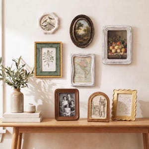 Könnte beinhalten: Eine Sammlung verschiedener Bilderrahmen in unterschiedlichen Formen, Farben und Texturen, darunter ovale, rechteckige und gewellte Designs. Die Rahmen zeigen Kunstwerke, eine Landkarte, ein Familienfoto und handschriftlichen Text auf einem Holztisch.
