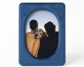 Blue Velvet Pet Photo Frame, 5x7 Oval Picture Frame, Dog Portrait Frame, Soft Tabletop Frame, Gift for Dog Mom