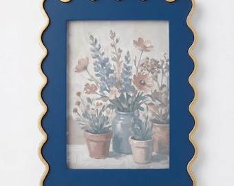Blue Gold Scalloped Photo Frame, 5x7 Picture Frame, Wavy Edge Tabletop Frame, Grandmillennial Decor, Gift for Her