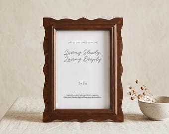 Vintage Wavy Wooden Photo Frame, 5x7 Brown Picture Frame, Scalloped Wood Frame, Cottagecore Tabletop Frame, Warm Home Decor