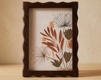 Dark Brown Wavy Wooden Photo Frame, 5x7 Picture Frame, Vintage Wood Frame, Botanical Tabletop Frame, Warm Home Decor