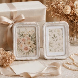 Op de afbeelding: Twee rechthoekige fotolijsten met een verweerde witte afwerking en kralenranden aan de binnenzijde. De linkerlijst toont een bloemenboeketprint, terwijl de rechterlijst een botanisch bladpatroon bevat. Beide lijsten hebben sierlijke randen.
