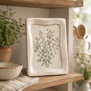 May include: A rectangular picture frame with a distressed white finish and wavy edges, containing a botanical print of delicate wildflowers with green stems and small yellow and white blossoms on a cream-colored background.
