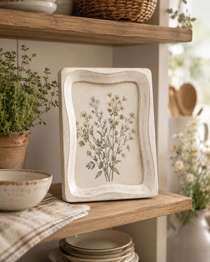 May include: A rectangular picture frame with a distressed white finish and wavy edges, containing a botanical print of delicate wildflowers with green stems and small yellow and white blossoms on a cream-colored background.