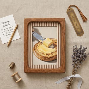 May include: A framed painting depicts butter being spread on a toasted crumpet. A gold pen, a small thimble, and a spool of thread are next to the frame. A bookmark with the text "ZARA HOME" and a bundle of lavender complete the scene.