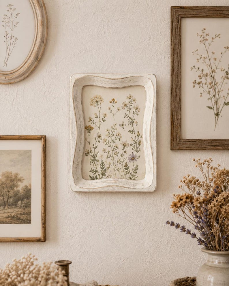 May include: A rectangular wall frame with a distressed white finish featuring a wavy, contoured edge. Inside the frame is a botanical print displaying various wildflowers, small leaves, and stems in muted yellow, green, and soft purple tones.