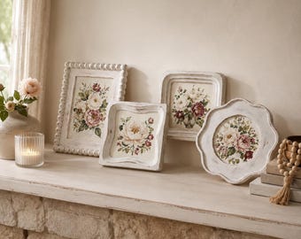 Modern Farmhouse Floral Picture Frame, Whitewashed Decorative Frame, Botanical Watercolor Wall Decor, Available Single or 4 Piece Set