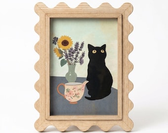 Natural Wood Scalloped Photo Frame, 5x7 Picture Frame, Cat Portrait Frame, Cottagecore Tabletop Frame, Gift for Her