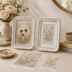 Op de afbeelding: Twee gebroken witte rechthoekige fotolijsten met kralenranden en sierlijke details. De ene lijst bevat een familieschets, de andere een bloemenillustratie. Twee losse bloemenprints zijn onderaan gelabeld met 5x7 en 4x6 cm.