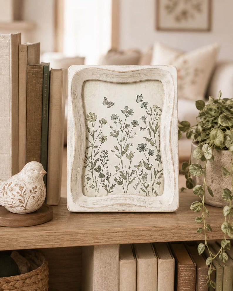 May include: A rectangular picture frame with a distressed white finish featuring a botanical print of green wildflowers and small butterflies on a cream background. The frame has a wavy, contoured edge and stands upright on a wooden surface.