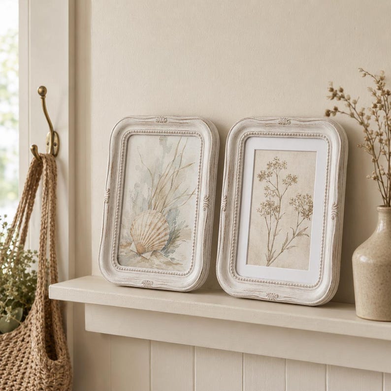 Op de afbeelding: Twee rechthoekige fotolijsten met een verweerde gebroken witte afwerking en kralenranden aan de binnenzijde. De linkerlijst bevat een aquarel van een schelp en helmgras, terwijl de rechterlijst een botanische print van een bloeiende plant toont.