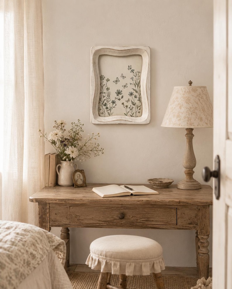 May include: A rectangular white wooden wall frame with a wavy edge, featuring a botanical illustration of wildflowers and butterflies in black ink on a cream background, mounted on a wall above a wooden desk with a lamp and a small stool.