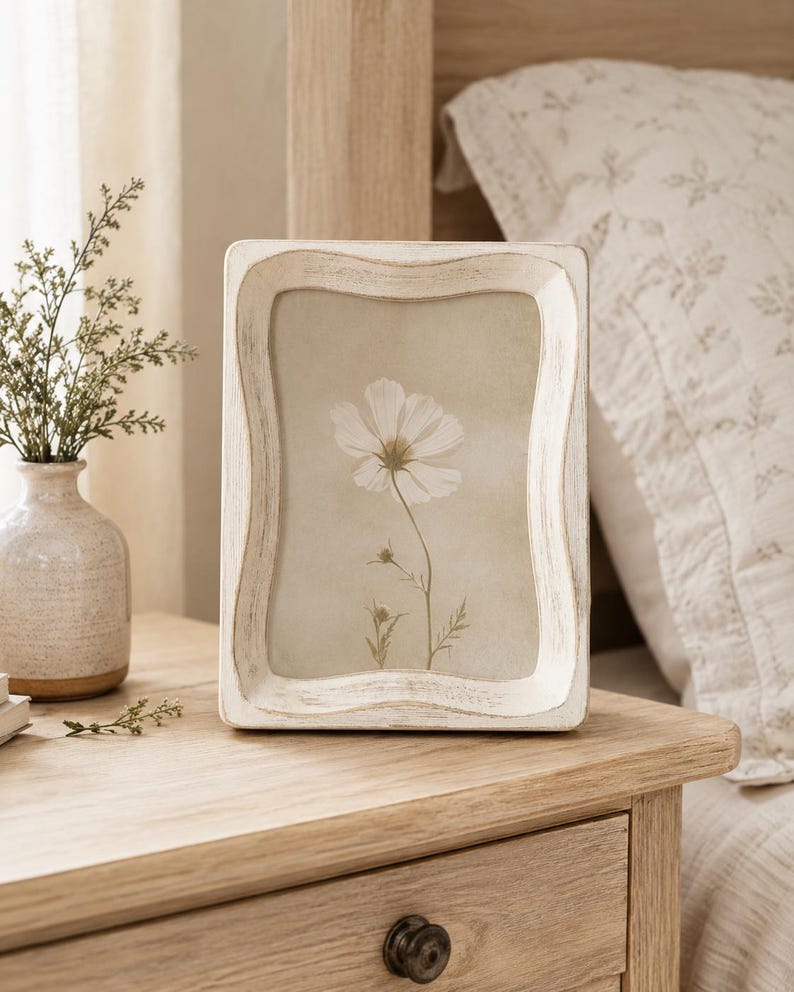 Rustic White 5x7 Photo Frame, Cottagecore Farmhouse Picture Frame, Distressed Wood Tabletop or Wall Decor, Vintage Floral Frame image 9