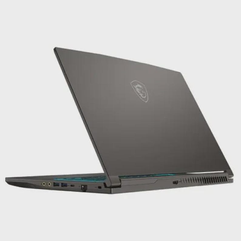 Może przedstawiać: Ciemnoszary laptop z lekko otwartym ekranem. Laptop ma srebrne logo z tyłu i niebiesko-zielony akcent na klawiaturze. Design jest elegancki i nowoczesny, sugerując nacisk na wydajność i styl.