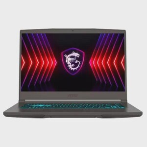 Może przedstawiać: Ciemnoszary laptop z podświetlaną klawiaturą i ekranem wyświetlającym logo smoka w tarczy. Ekran ma czerwono-fioletowy abstrakcyjny wz&oacute;r. Laptop jest otwarty i gotowy do użycia.