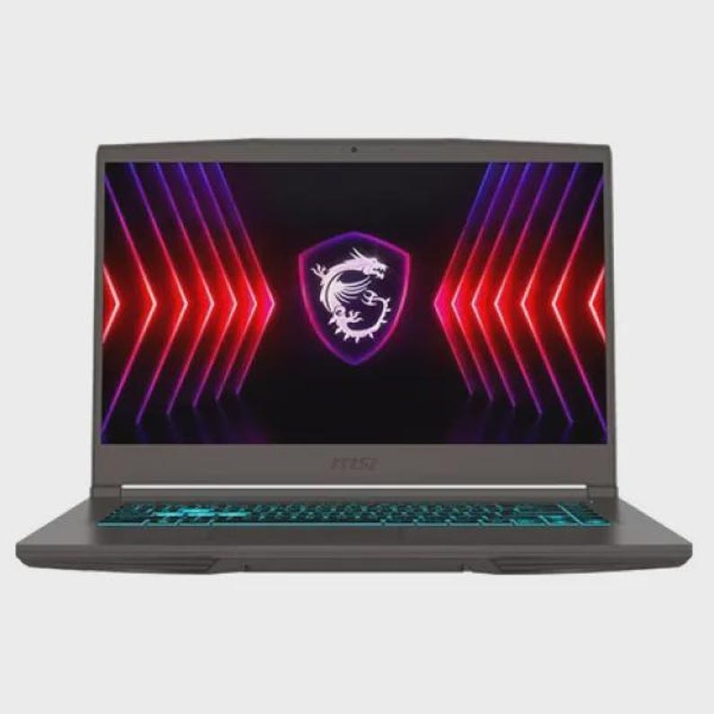 Może przedstawiać: Ciemnoszary laptop z podświetlaną klawiaturą i ekranem wyświetlającym logo smoka w tarczy. Ekran ma czerwono-fioletowy abstrakcyjny wz&oacute;r. Laptop jest otwarty i gotowy do użycia.