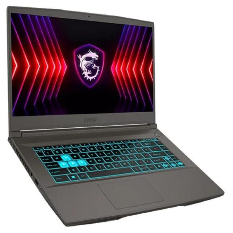 Może przedstawiać: Ciemnoszary laptop z podświetlaną klawiaturą i ekranem wyświetlającym logo oraz abstrakcyjne czerwone i fioletowe linie. Klawisze klawiatury mają turkusową poświatę. Laptop jest otwarty.