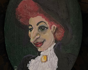 Médaillon Portrait de sorcière rousse d'Halloween - Peinture acrylique originale sur bois - Décoration d'Halloween - Art décoratif