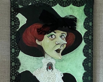Illustration du portrait d’une sorcière d’Halloween - Peinture originale sur toile de 10 x 8 pouces - Décoration d’Halloween - Peinture fantaisiste